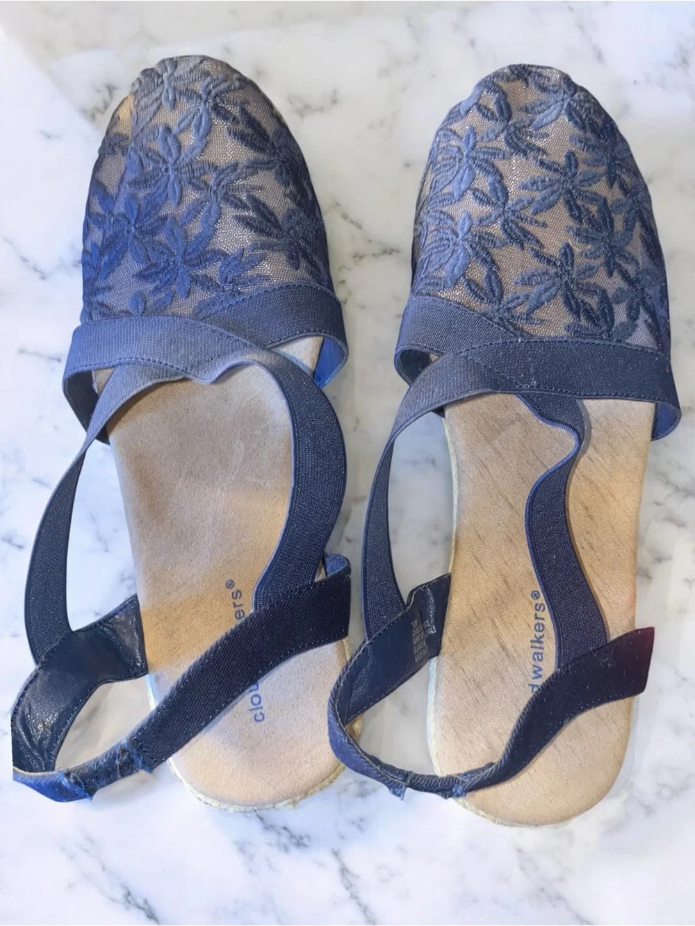 Cloudwalkers Avenue Indie Navy Blue Floral Mesh Espadrille Wedge Sandals 10W